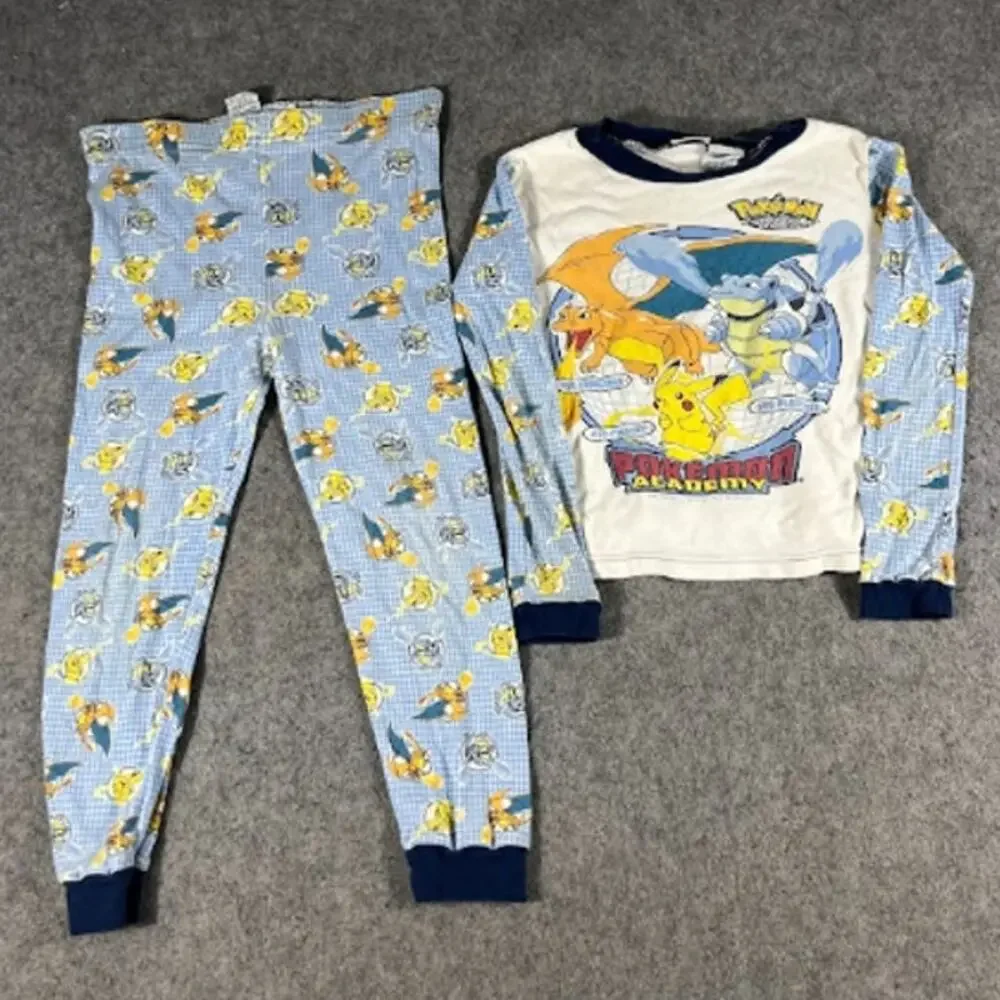 VTG 90s Pokemon Academy Pajama Set Boy Youth 10 Blue White Pikachu AOP Sleepwear
